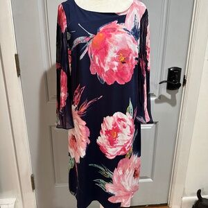 Eliza J lined knee length floral dess navy blue pink flowers size 10